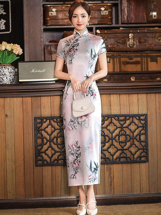 Vintage Printed Split-Side Short Sleeves Silk Long Cheongsams