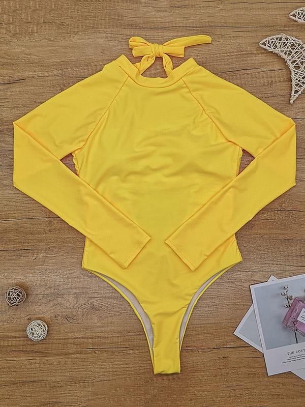 Multi-Color Long-Sleeve Halter One-Piece Swimsuit