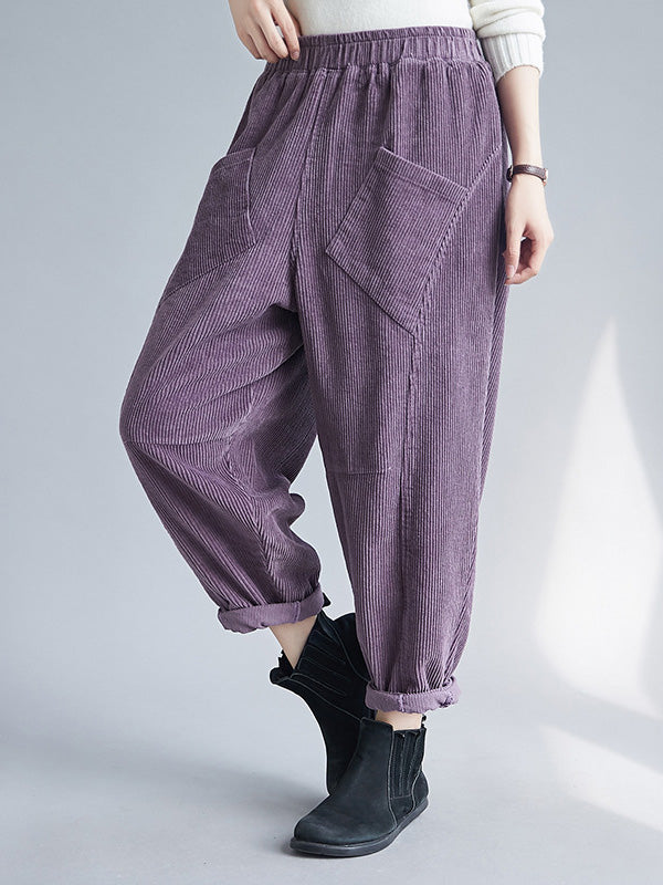 Casual Solid Color Split-Joint With Pocket Elasticity Wide Legs Corduroy Harem Pants