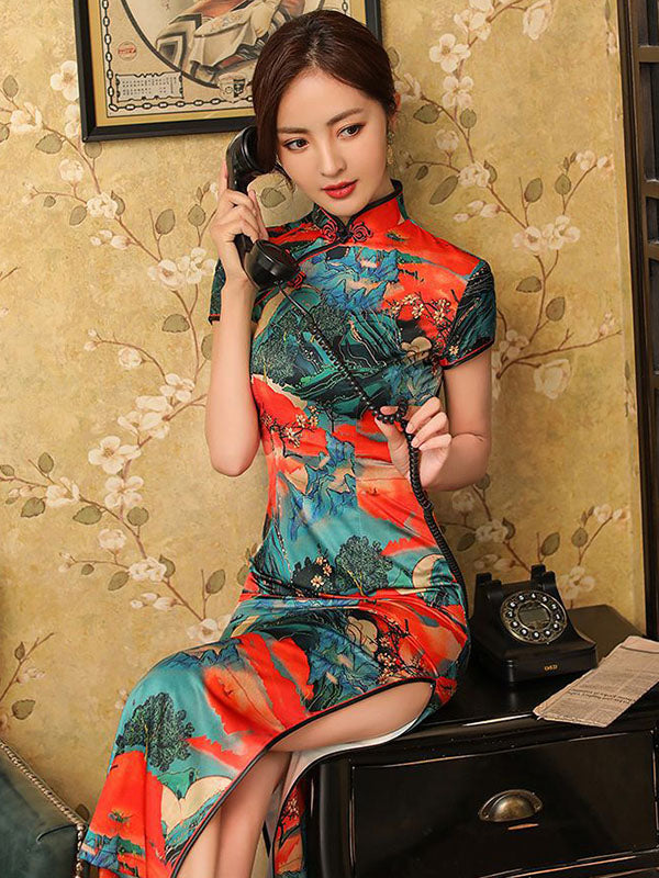 Vintage Satin Printed Split-Side Short Sleeve Long Cheongsams