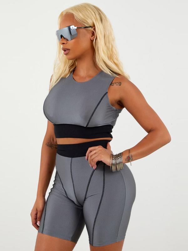 Contrast Trim Sleeveless Wrap Tanks And Shorts Sport Suits