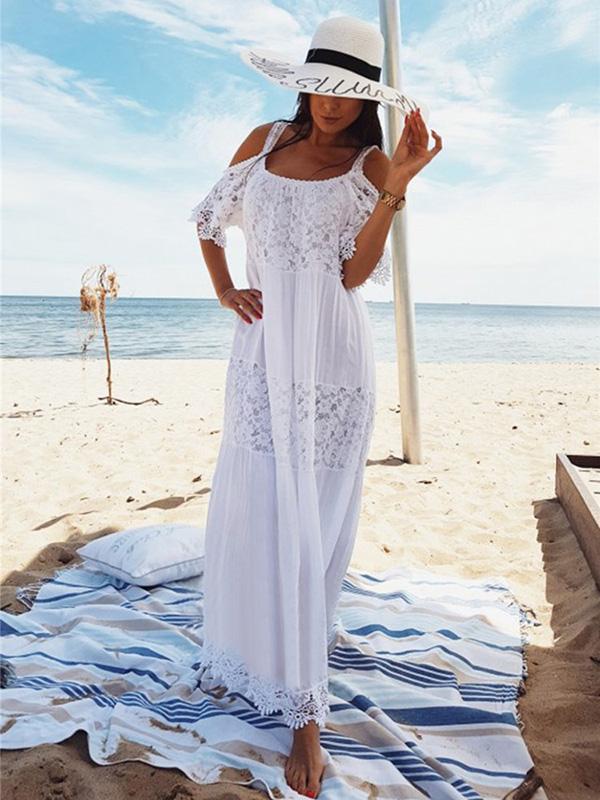 Spaghetti-neck Lace Hollow Solid Beach Swimwear Maxi Dresses