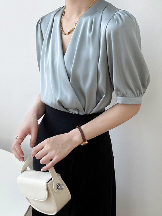 Office V-Neck Half Sleeves Solid Color Blouse