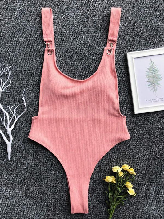 Ribbed Plain Wide Strap One-Piece Swimsuit