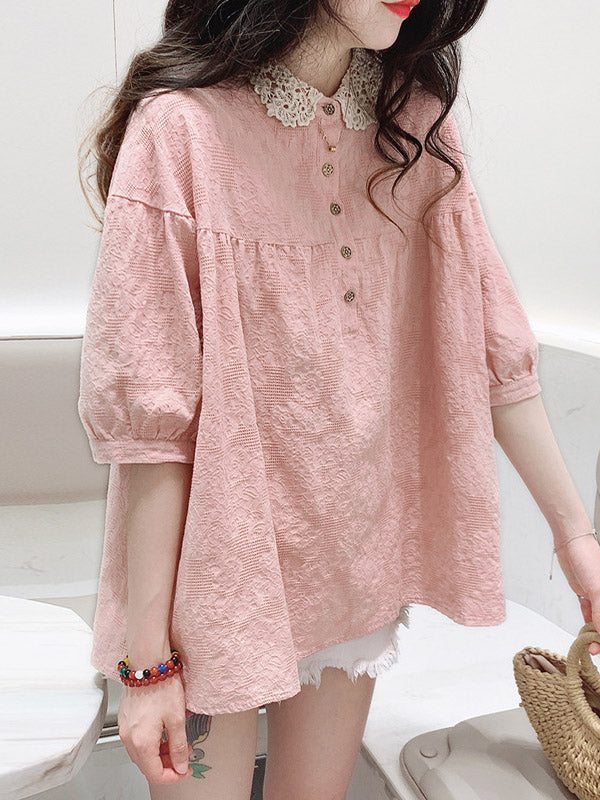 Casual Lace Ramie Cotton Embroidered Split-Joint Round Neck T-Shirt