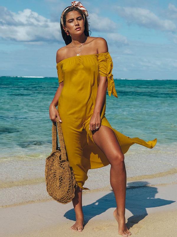 Off Shoulder Split-side Solid Beach Maxi Dresses