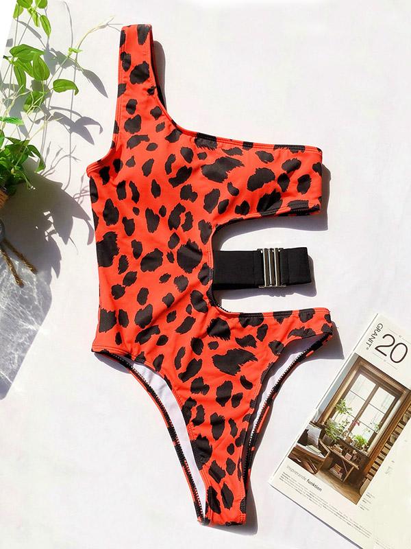 One-Shoulder Hollow Waist Buckle One-Piece Swimwear