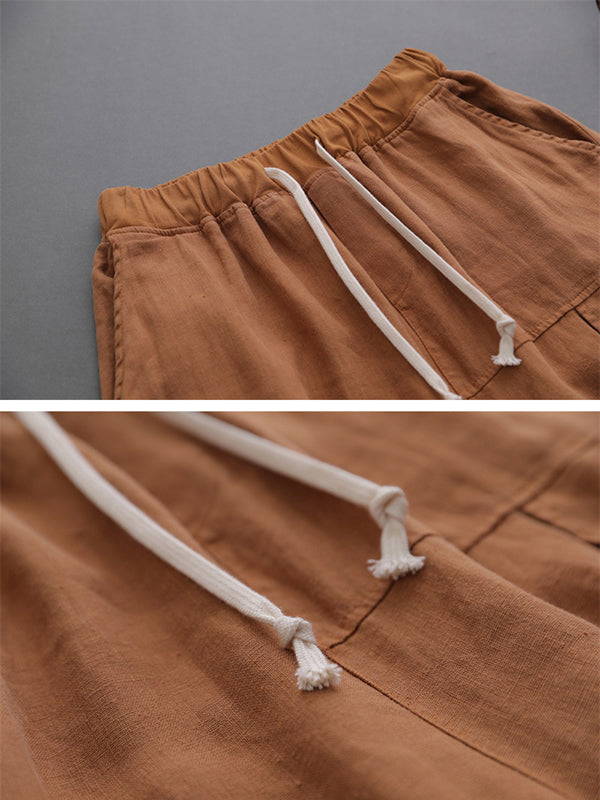 Simple Casual Loose Ramie Cotton Solid Color Drawstring Harem Pants