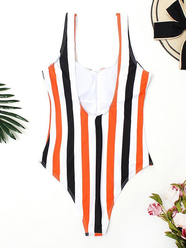 Striped Zipper Backless One-piece Swimwear