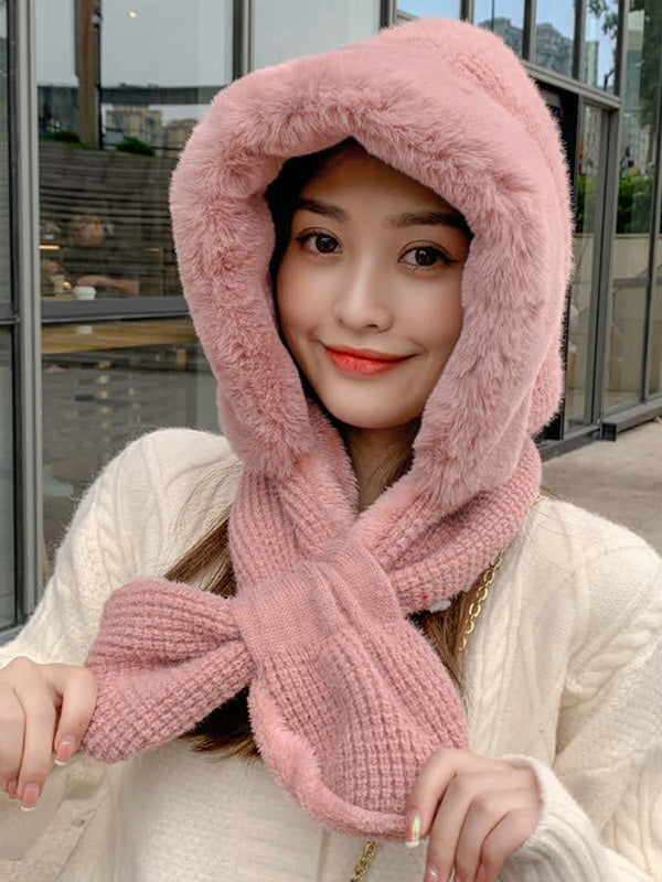 Casual Warm Solid Color With Scarf Knitted Hat