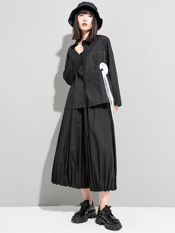 Original Stylish Split-Joint With Pocket Buttoned Tasseled Lapel Collar Long Sleeves Blouse