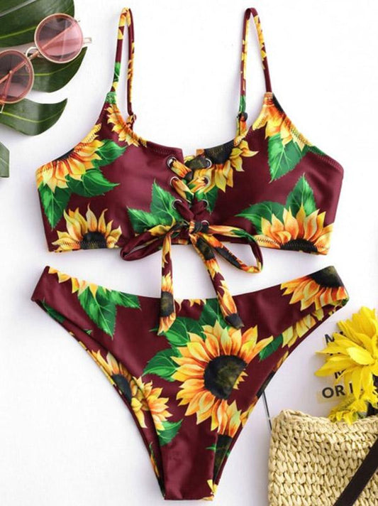 Floral-Print Bandage Split Bikini Swimsuit