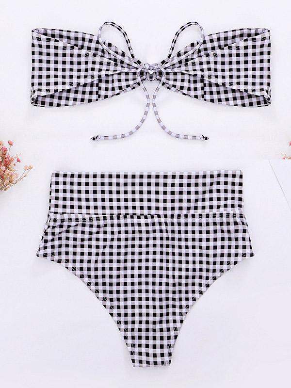 Checkered Print Bandeau Split Bikini Swimsuit