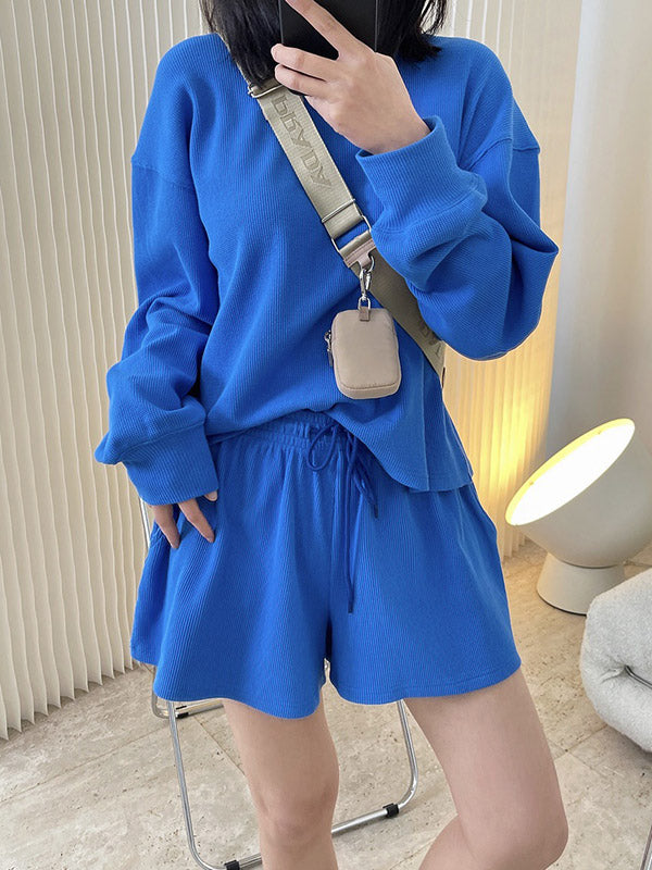 Casual Solid Color Sweatshirts& Drawstring Wide Leg Shorts Suits