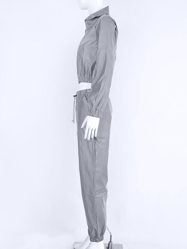 Solid Long Sleeve Jacket And Drawstring Sport Pants Suits