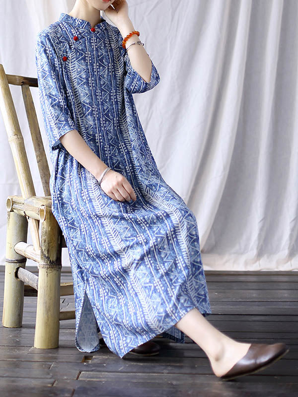 Original Printing Stand Collar Half Sleeve Long Cheongsams