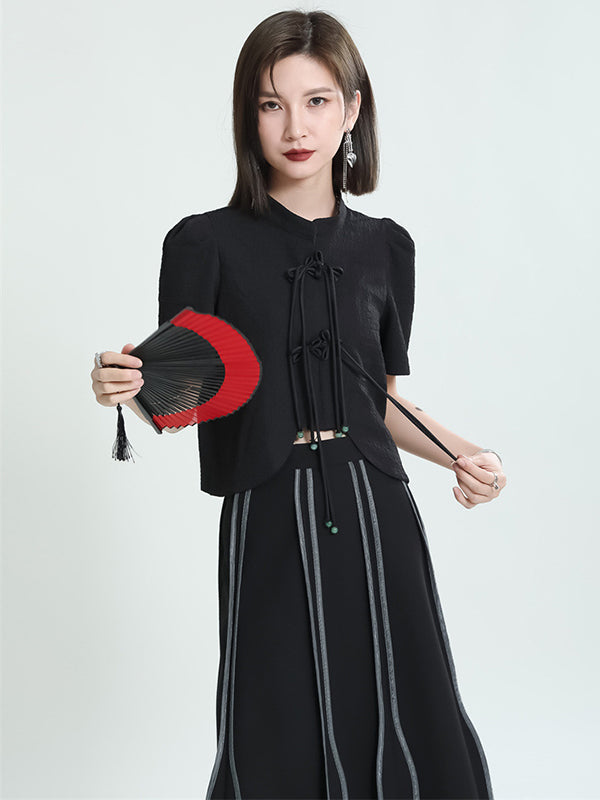 Original Stand Collar Puff Sleeves Black Split-Joint Blouse