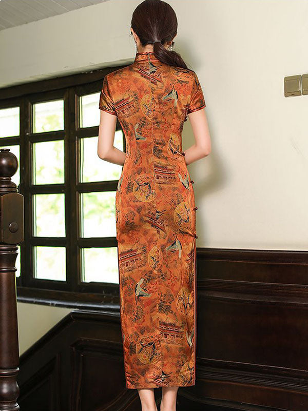 Vintage Split-Side Printed Short Sleeves Silk Long Cheongsams