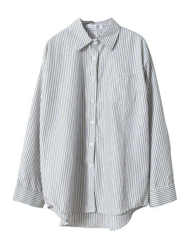 Simple Striped Buttoned Lapel High-Low Long Sleeves Blouse Tops