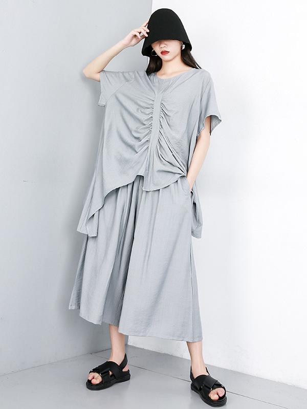 Asymmetric Ruffled Solid Tops + Wide Leg Pants Suit