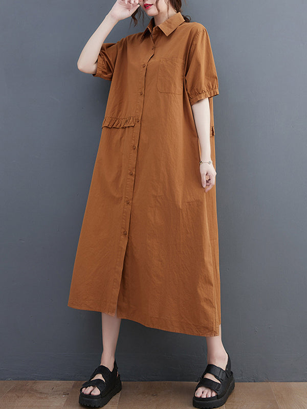 Original Artistic Retro Loose Solid Color Falbala Split-Joint Midi Shirt Dress