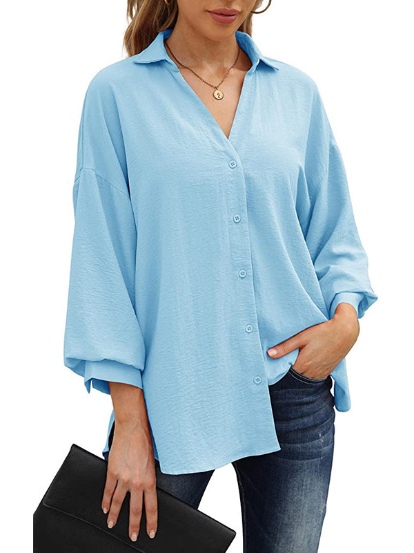 Loose Puff  Three-Quarter Sleeves Solid Color Lapel Blouses