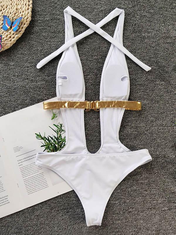 Sexy Deep V-Neck Sash Split Type Bikini Swimsuit