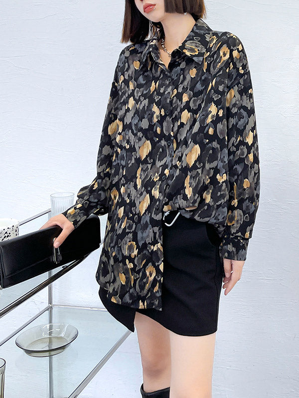 Original Stylish Loose Irregular Split-Joint Buttoned Floral Printed Lapel Collar Long Sleeves Blouse