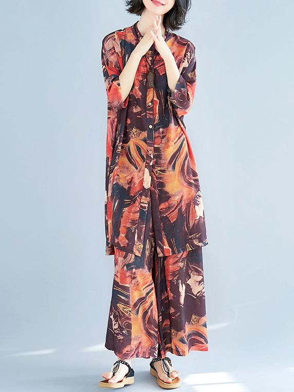 Chiffon Colorful Striped Print Stand Collar Long Blouse+Pants Suits