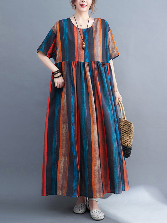 Original Loose Striped Contrast Color Pleated Midi Dress