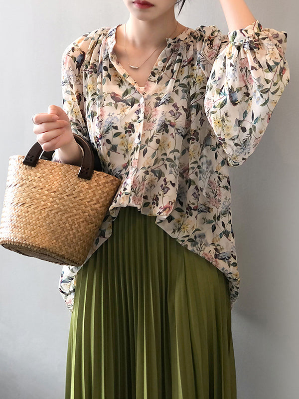 Urban Multi-Colored Floral Printed Puff Sleeves Chiffon Blouse