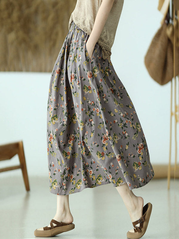 Stylish Ramie Cotton Floral Printed Loose A-Line Skirts