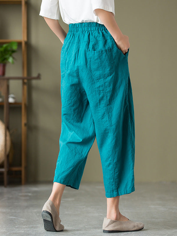 Simple Loose Linen Solid Color Split-Joint Pleated Drawstring Casual Pants