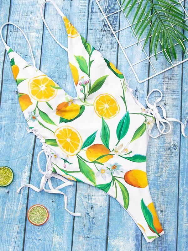 Lemon Print Lace-Up V-Neck One-Piece Swimsuit