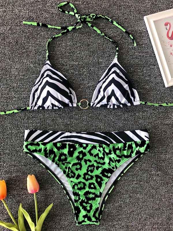 Animal Print Split-Joint Triangles Split Bikini Swimsuit