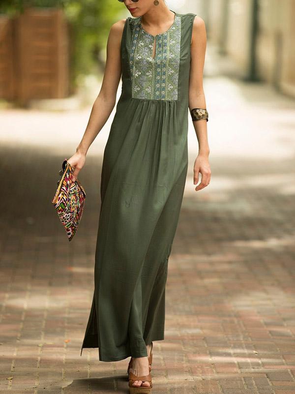 Bohemia Embroider Deep Green  Sleeveless Maxi Dresses