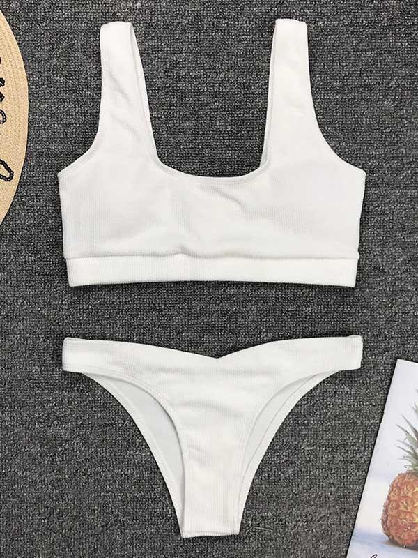 Plain Ribbed Bandeau Bikini Swimsuit