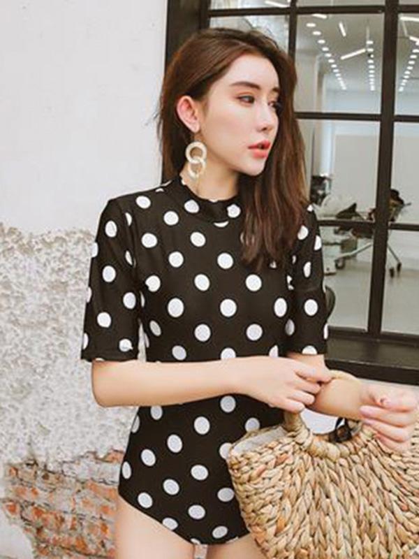 Half Sleeves White Dots One-piece Swimwear