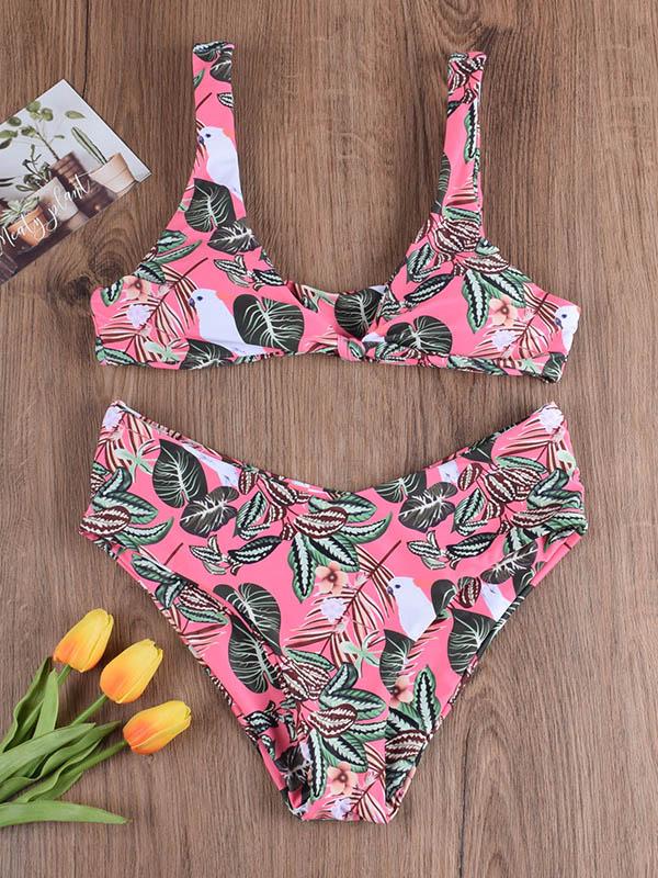 Sexy Low Collar Knotted Printing Split Type Bikini Swimsuit