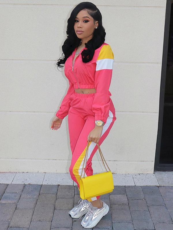 Color Block Zipper Jacket And Pants Suits