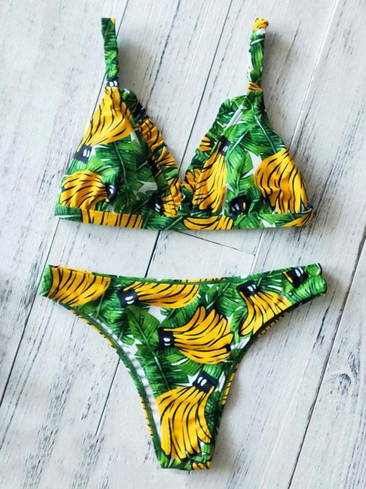 Ruffled Banana Printing Bikini Swimsuit