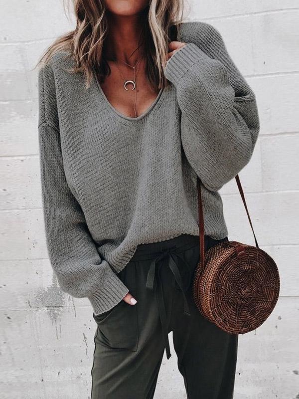 Simple Solid Color V-neck Sweater Tops