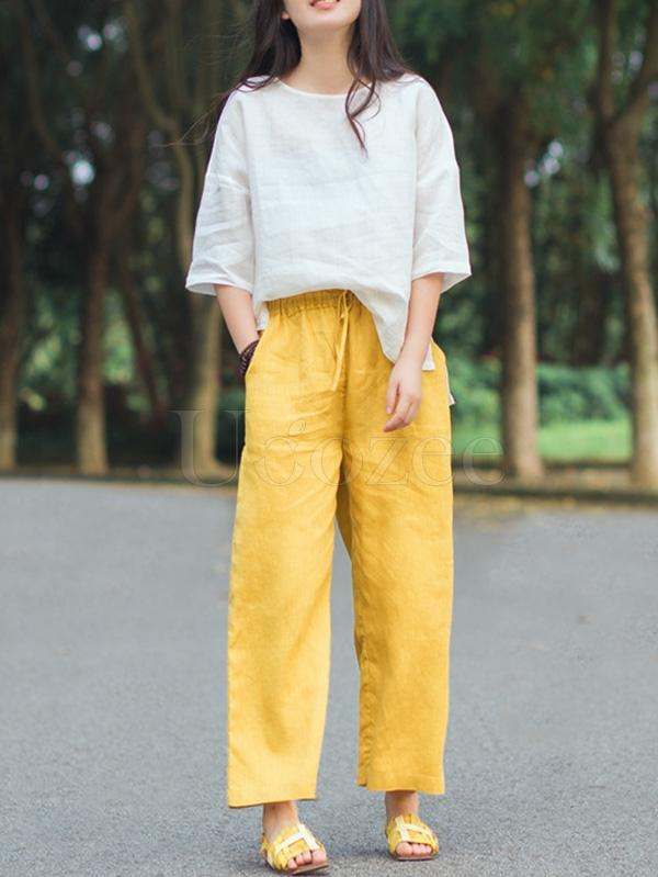 Retro Linen Drawstring Wide Leg Pants