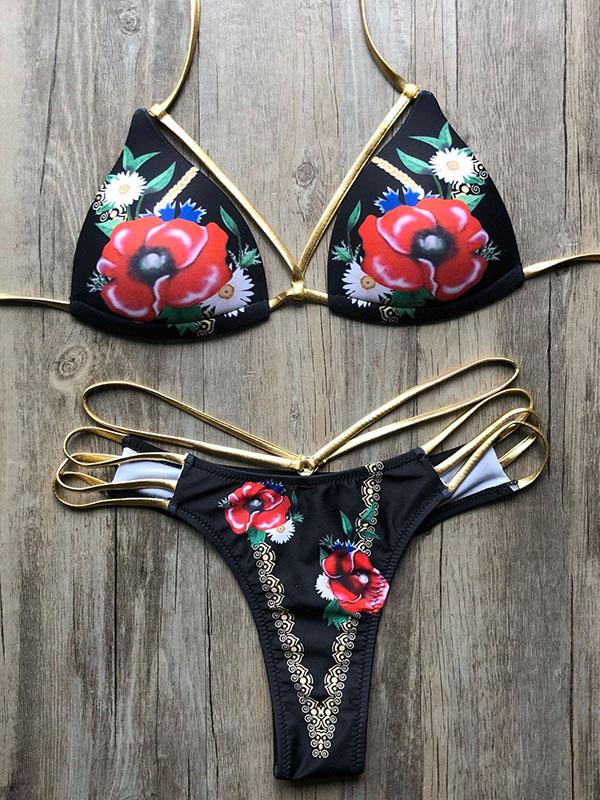 Lattice Scrunch Backless Printed Bikini Set