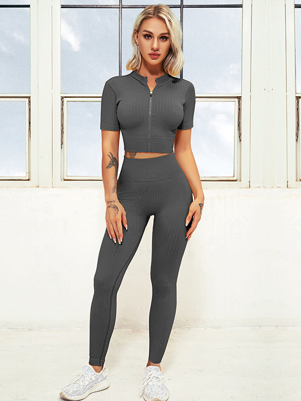 Solid Color Zipper Half Sleeves Tees&Leggings Suits