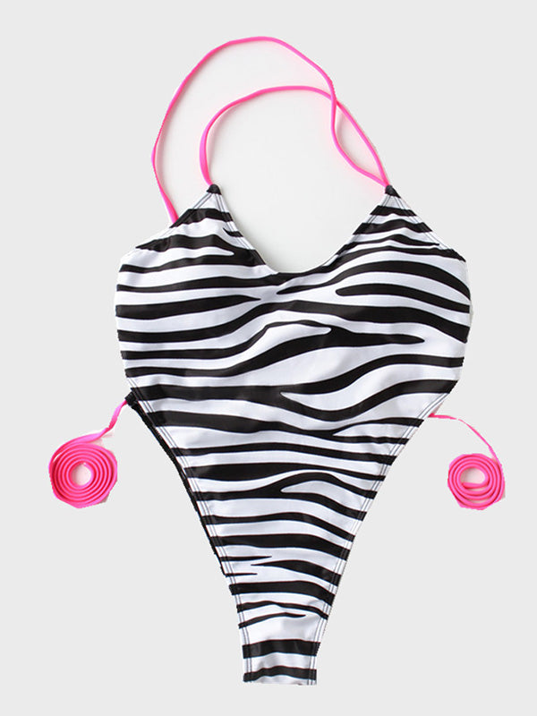 Leopard&Zebra Printed Bandage Backless One-Piece Swimwear