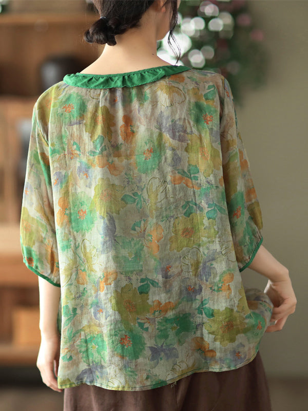 Vintage Artistic Retro Loose Floral Printed Pleated Ramie Cotton Blouse