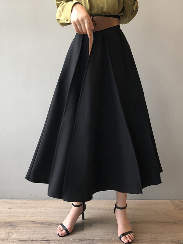 Simple Loose Solid Color Pleated A-Line High-Waist Long Skirt