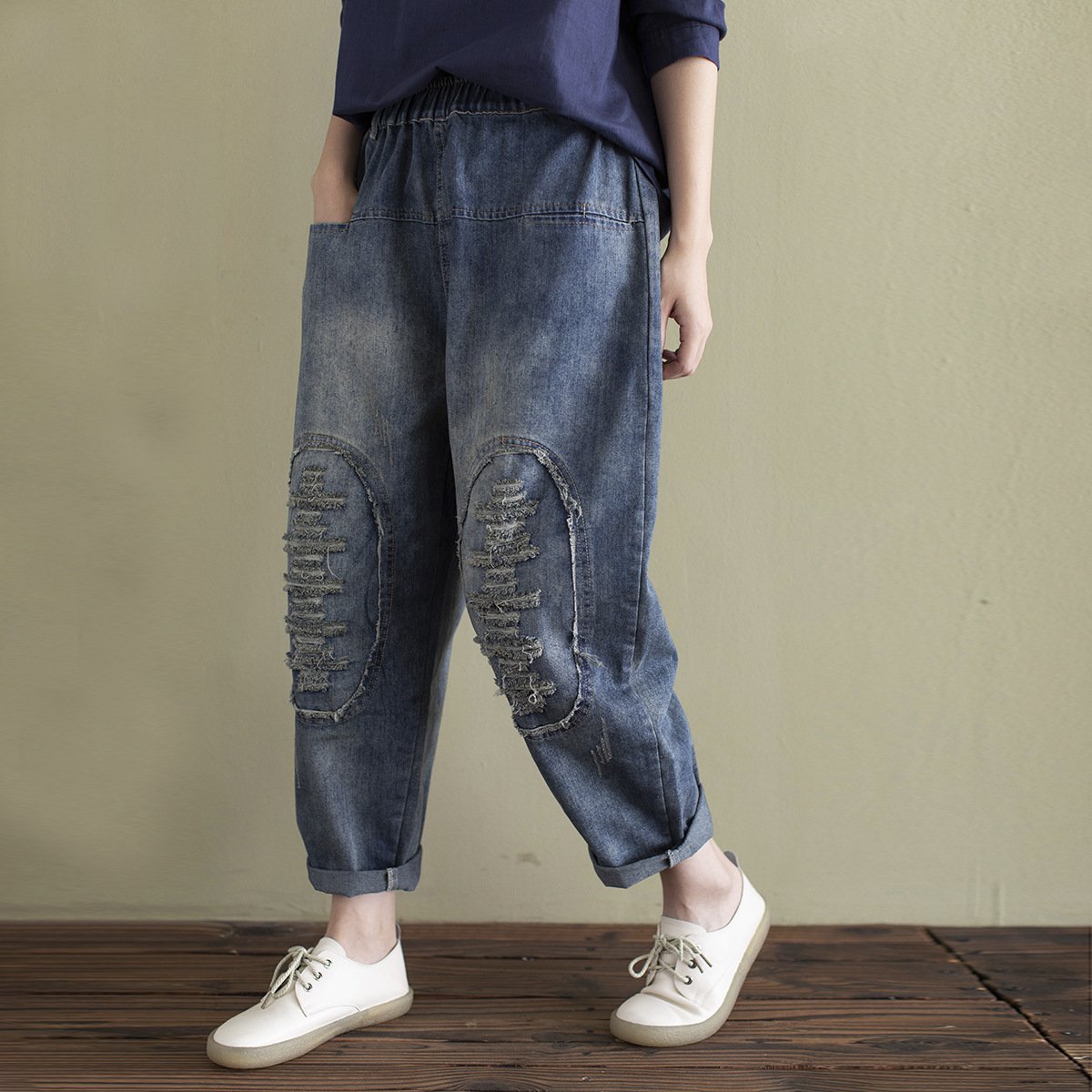 Buykud Personalized Frayed Design Solid Color Harem Jeans