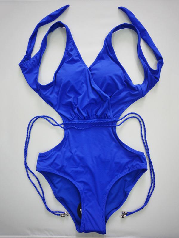 Plain Hollow Lace-up One-piece Swimsuit